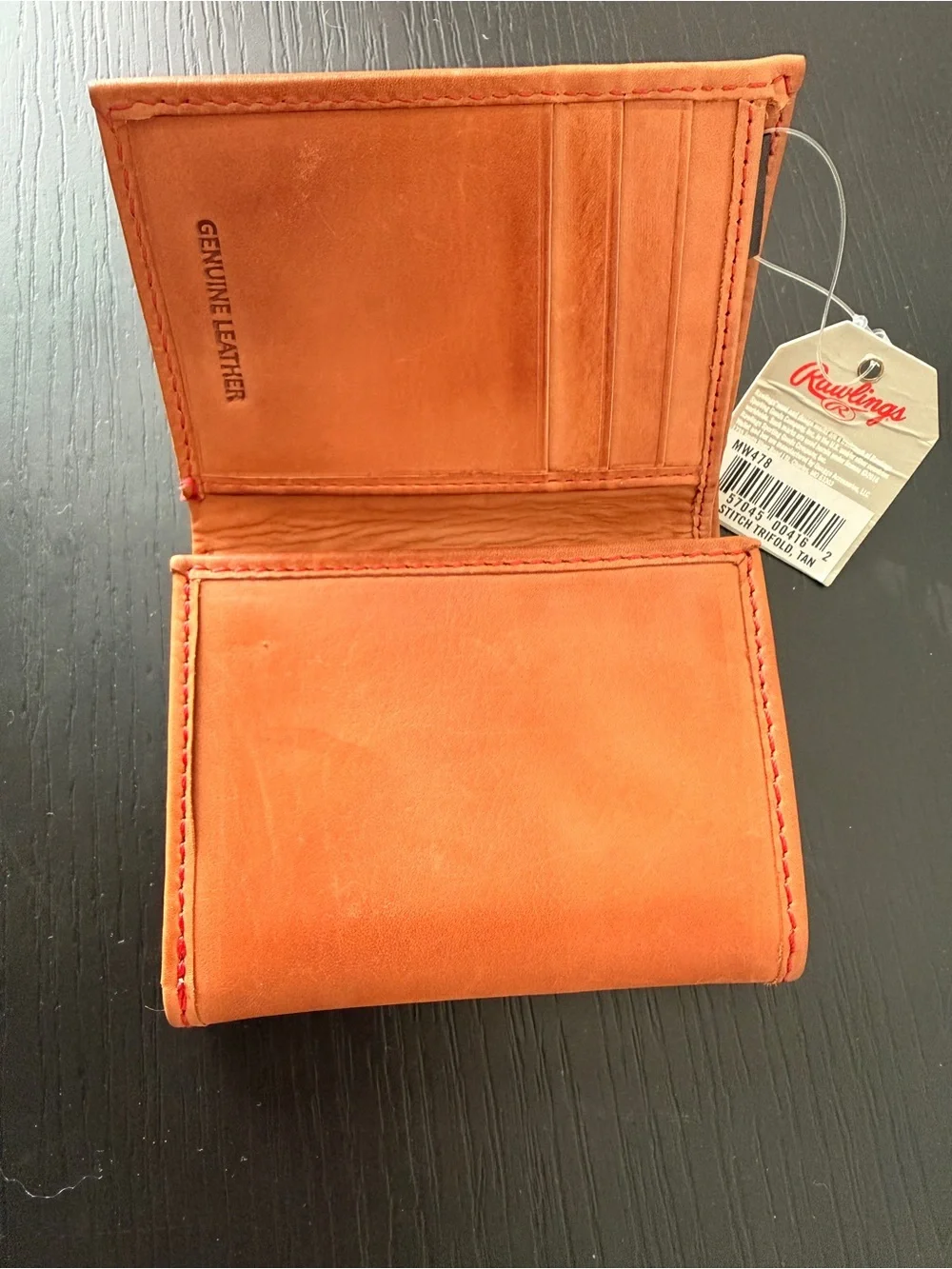 Rawlings Tan Leather Trifold Wallet with Red ID Window